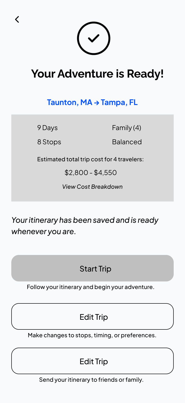 Wireframe: trip ready screen